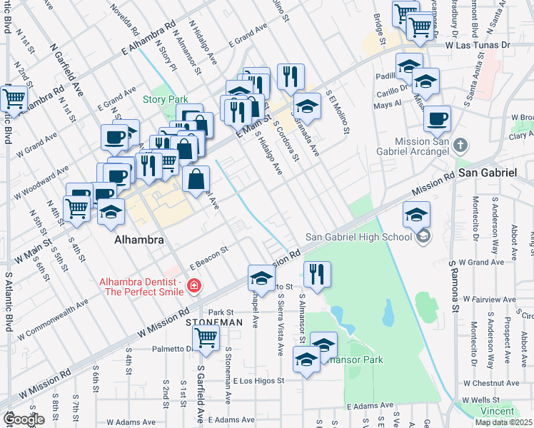 map of restaurants, bars, coffee shops, grocery stores, and more near 325 South Almansor Street in Alhambra