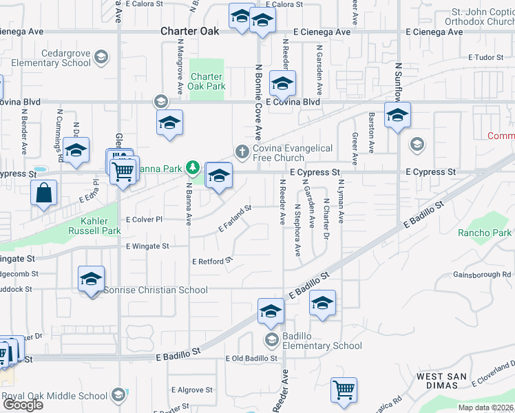 map of restaurants, bars, coffee shops, grocery stores, and more near 1707 Sachs Place in Covina