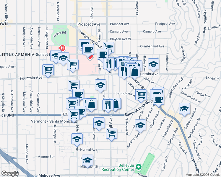 map of restaurants, bars, coffee shops, grocery stores, and more near 1217 North Virgil Avenue in Los Angeles