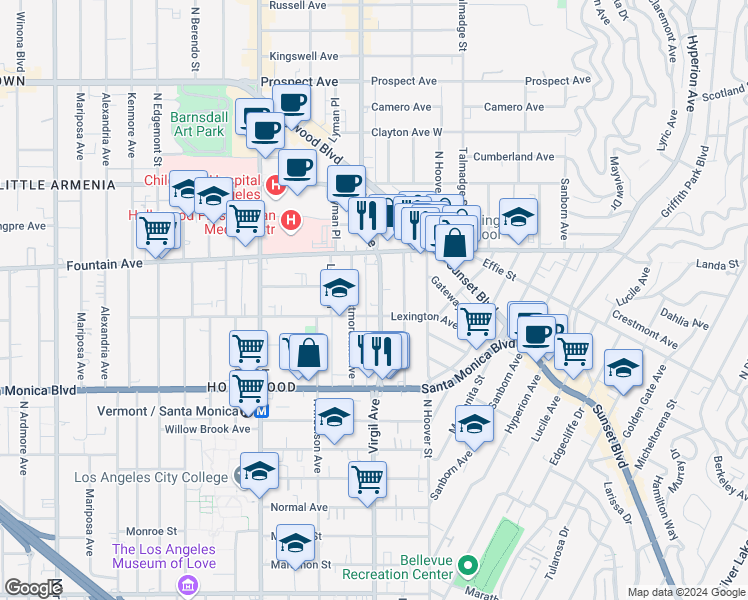map of restaurants, bars, coffee shops, grocery stores, and more near 1217 North Virgil Avenue in Los Angeles