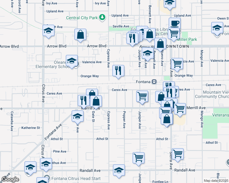 map of restaurants, bars, coffee shops, grocery stores, and more near 8806 Chantry Avenue in Fontana