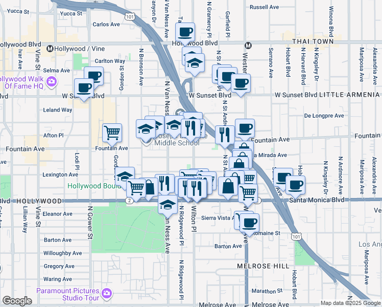 map of restaurants, bars, coffee shops, grocery stores, and more near 5703 La Mirada Avenue in Los Angeles