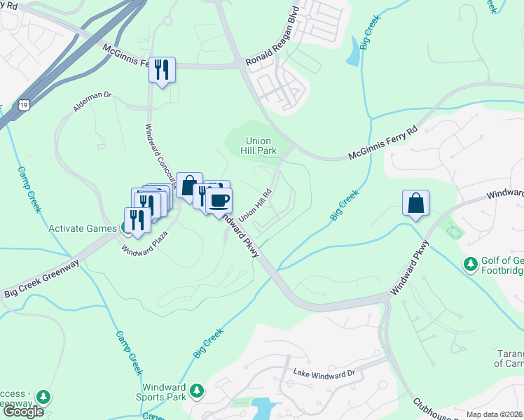 map of restaurants, bars, coffee shops, grocery stores, and more near 18000 Masters Way in Alpharetta