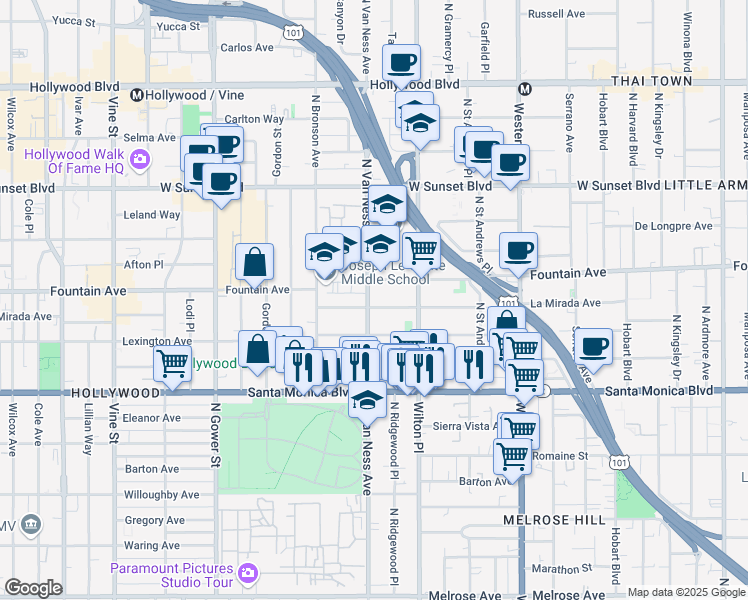 map of restaurants, bars, coffee shops, grocery stores, and more near 5757 La Mirada Avenue in Los Angeles