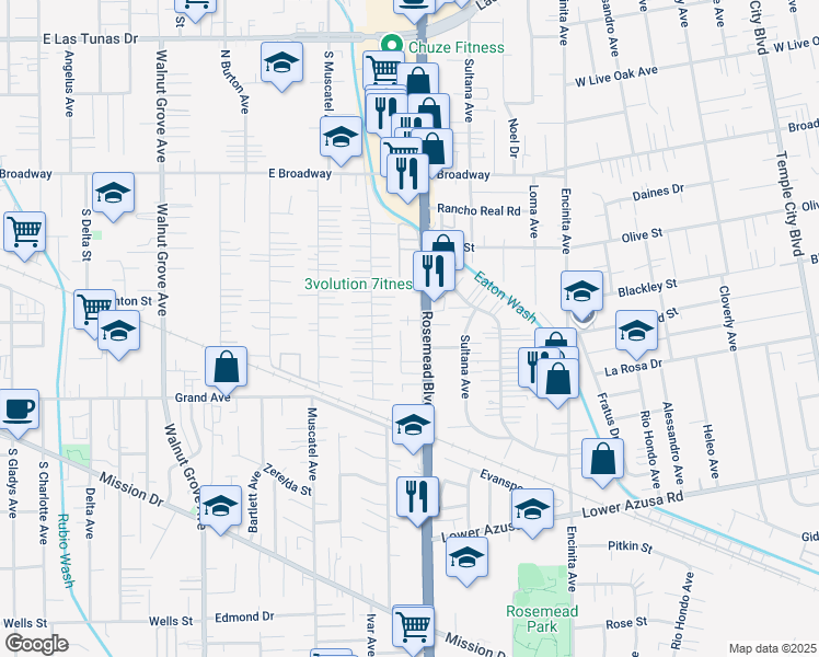 map of restaurants, bars, coffee shops, grocery stores, and more near 5123 Rosemead Boulevard in San Gabriel