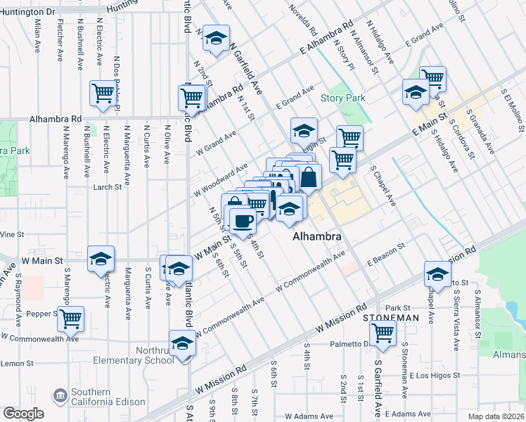 map of restaurants, bars, coffee shops, grocery stores, and more near 28 North 3rd Street in Alhambra