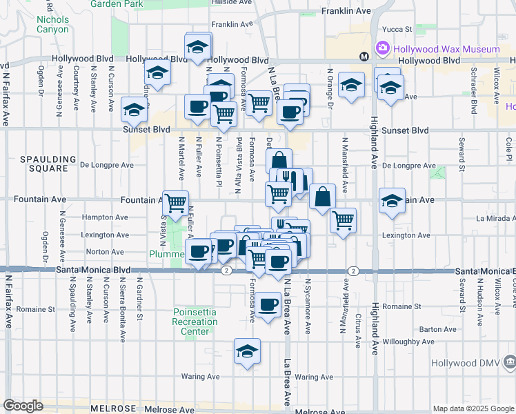 map of restaurants, bars, coffee shops, grocery stores, and more near 1252 North Formosa Avenue in West Hollywood