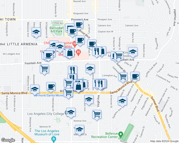 map of restaurants, bars, coffee shops, grocery stores, and more near 1216 Lyman Place in Los Angeles