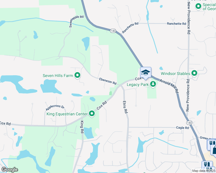 map of restaurants, bars, coffee shops, grocery stores, and more near 115 Nova Lane in Roswell