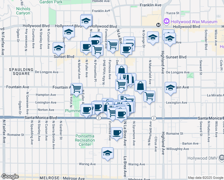 map of restaurants, bars, coffee shops, grocery stores, and more near 1252 North Formosa Avenue in West Hollywood