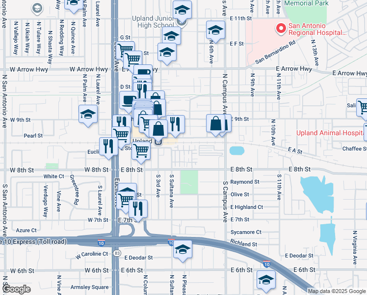map of restaurants, bars, coffee shops, grocery stores, and more near in Upland