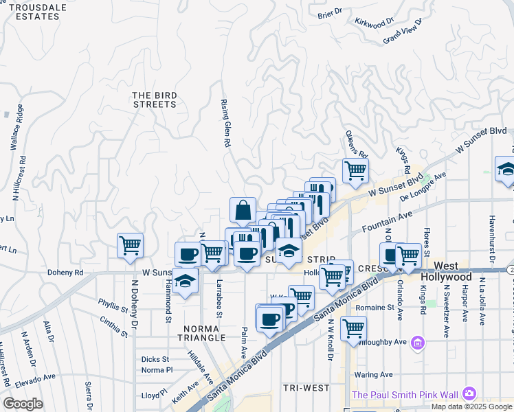 map of restaurants, bars, coffee shops, grocery stores, and more near 1227 Sunset Plaza Drive in Los Angeles