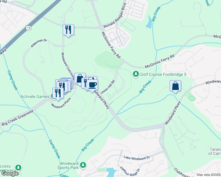 map of restaurants, bars, coffee shops, grocery stores, and more near 1000 Masters Way in Alpharetta