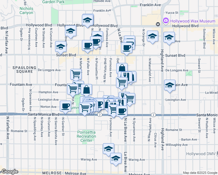 map of restaurants, bars, coffee shops, grocery stores, and more near 1232 North Poinsettia Place in West Hollywood