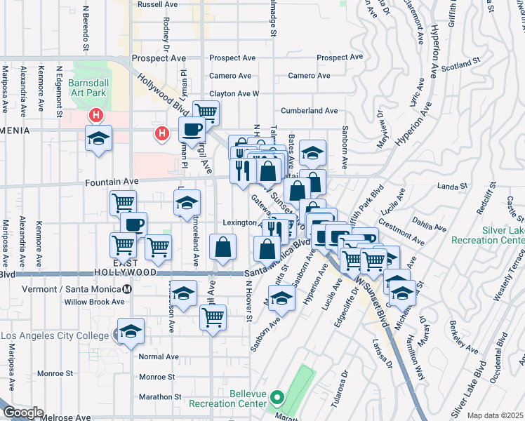 map of restaurants, bars, coffee shops, grocery stores, and more near 4351 Lexington Avenue in Los Angeles