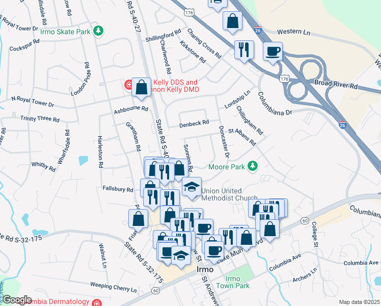 map of restaurants, bars, coffee shops, grocery stores, and more near 118 Sonning Road in Irmo