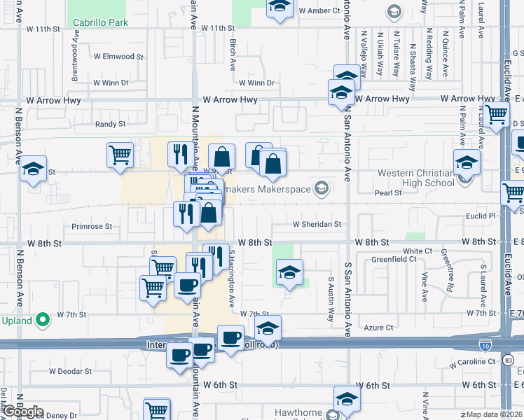 map of restaurants, bars, coffee shops, grocery stores, and more near 150 Fulton Way in Upland