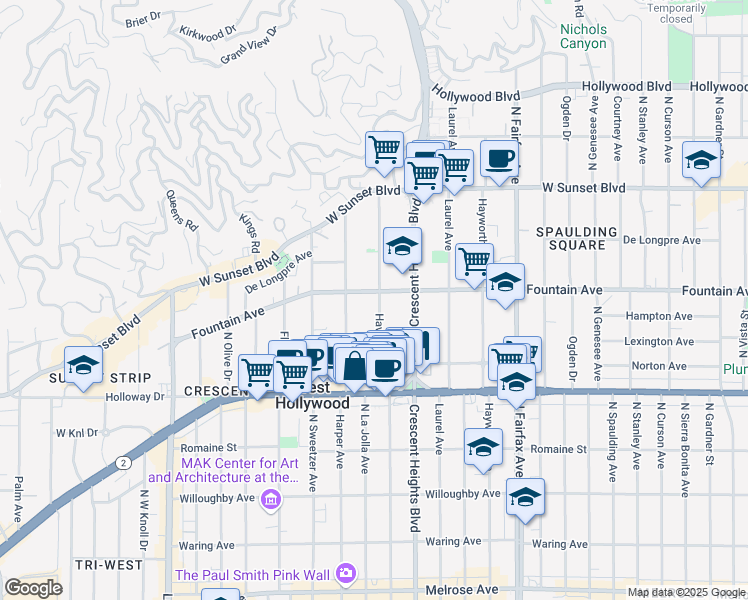 map of restaurants, bars, coffee shops, grocery stores, and more near 1283 Havenhurst Drive in West Hollywood