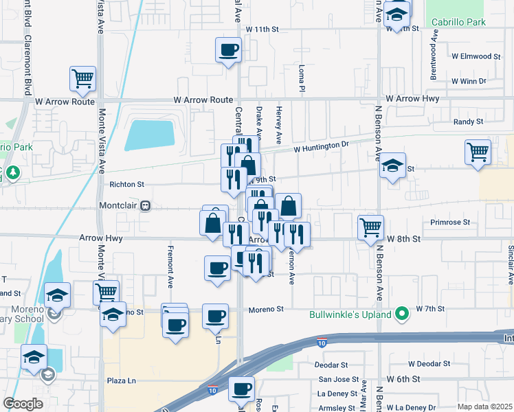 map of restaurants, bars, coffee shops, grocery stores, and more near 8821 Central Avenue in Montclair
