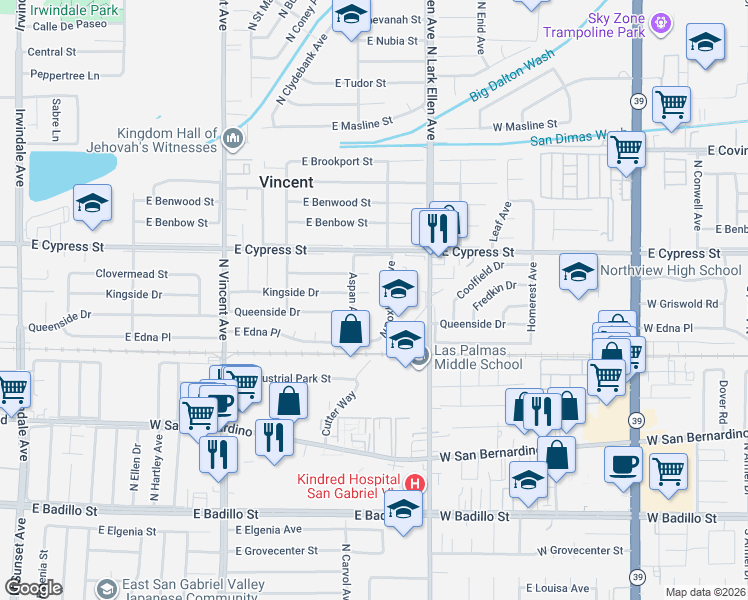 map of restaurants, bars, coffee shops, grocery stores, and more near 16716 Kingside Drive in Covina