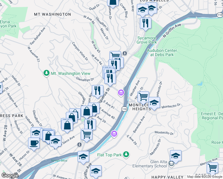 map of restaurants, bars, coffee shops, grocery stores, and more near 4228 N Figueroa St in Los Angeles