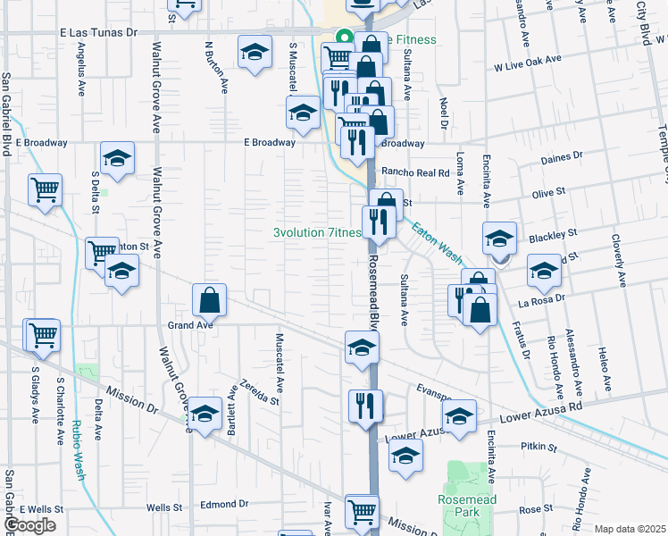 map of restaurants, bars, coffee shops, grocery stores, and more near 5102 Acacia Street in San Gabriel
