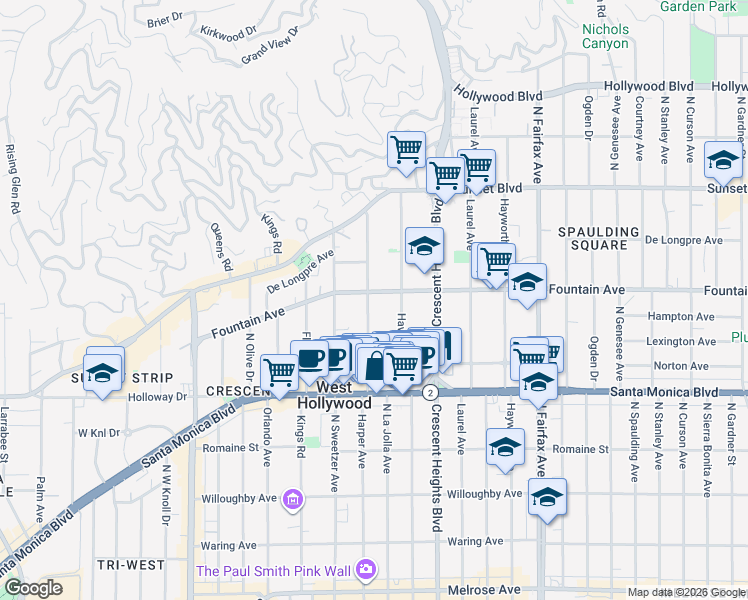 map of restaurants, bars, coffee shops, grocery stores, and more near 1282 North Harper Avenue in West Hollywood