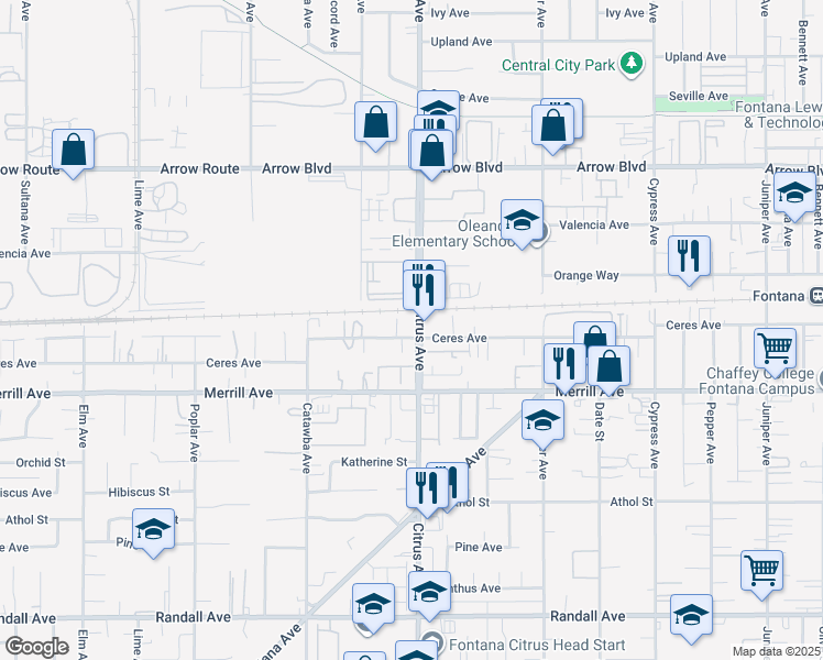 map of restaurants, bars, coffee shops, grocery stores, and more near 8788 Citrus Avenue in Fontana