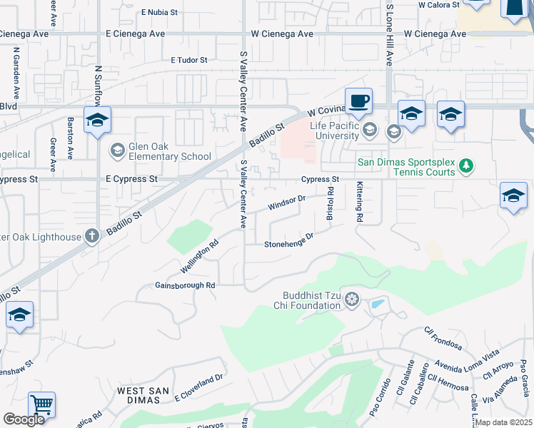 map of restaurants, bars, coffee shops, grocery stores, and more near 1450 Windsor Drive in San Dimas