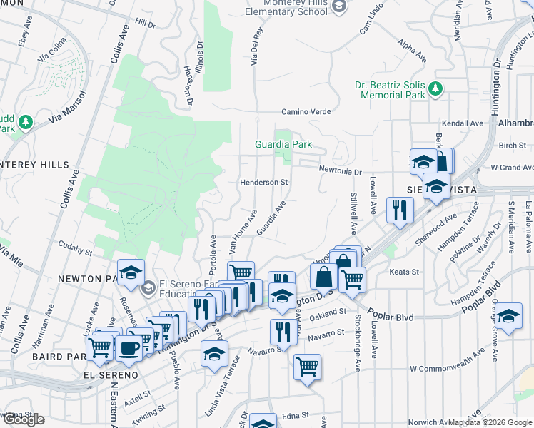 map of restaurants, bars, coffee shops, grocery stores, and more near 4128 Guardia Avenue in Los Angeles