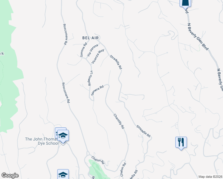 map of restaurants, bars, coffee shops, grocery stores, and more near 1140 Chantilly Road in Los Angeles
