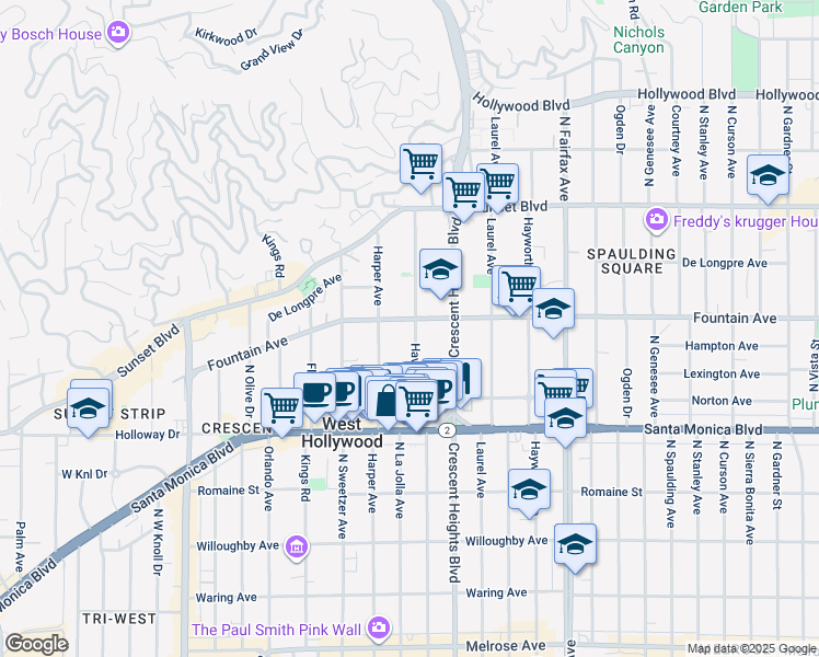 map of restaurants, bars, coffee shops, grocery stores, and more near 1283 Havenhurst Drive in West Hollywood