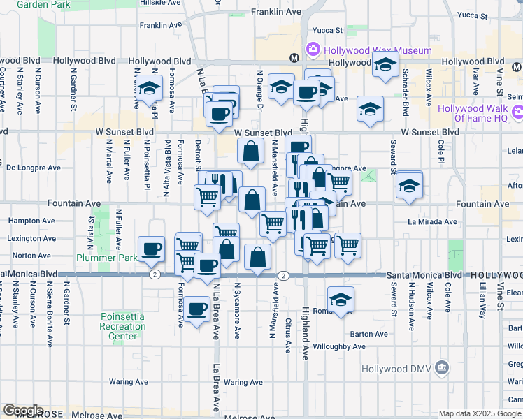 map of restaurants, bars, coffee shops, grocery stores, and more near 1229 North Mansfield Avenue in Los Angeles