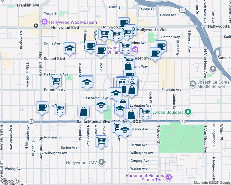 map of restaurants, bars, coffee shops, grocery stores, and more near in Los Angeles