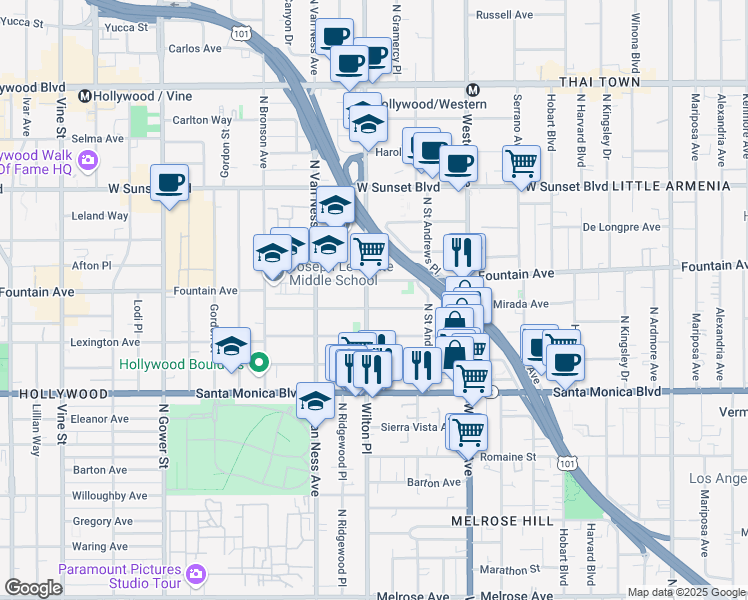 map of restaurants, bars, coffee shops, grocery stores, and more near 5667 La Mirada Avenue in Los Angeles