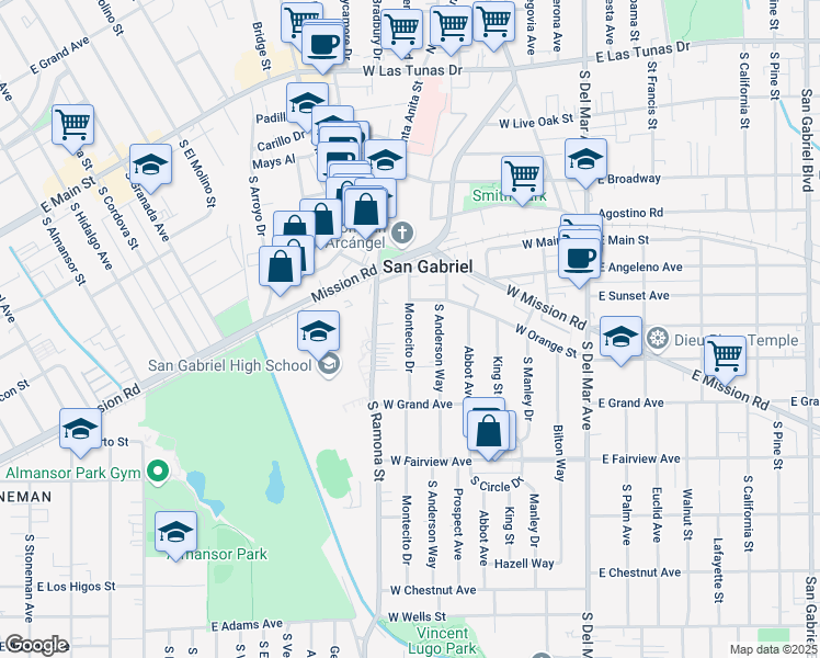 map of restaurants, bars, coffee shops, grocery stores, and more near 637 Montecito Drive in San Gabriel