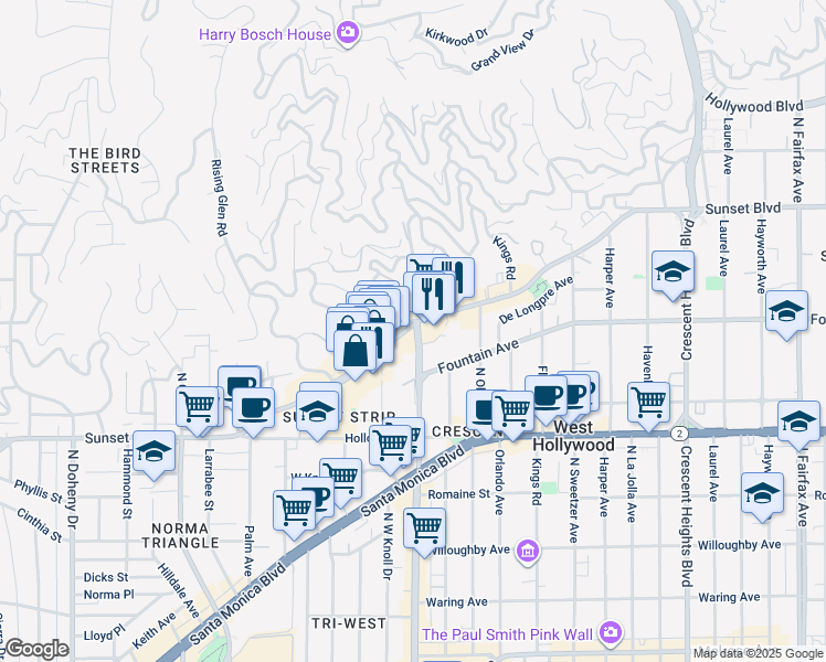 map of restaurants, bars, coffee shops, grocery stores, and more near 8500 West Sunset Boulevard in West Hollywood