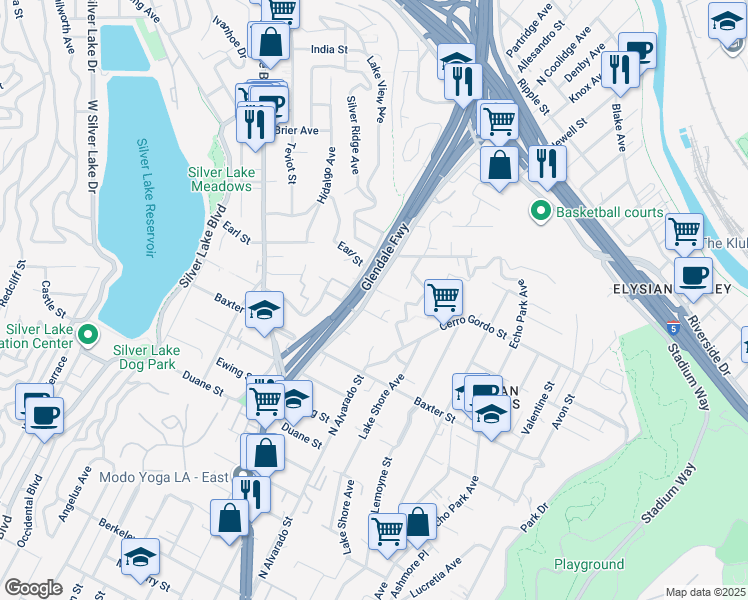 map of restaurants, bars, coffee shops, grocery stores, and more near 2206 Allesandro Street in Los Angeles