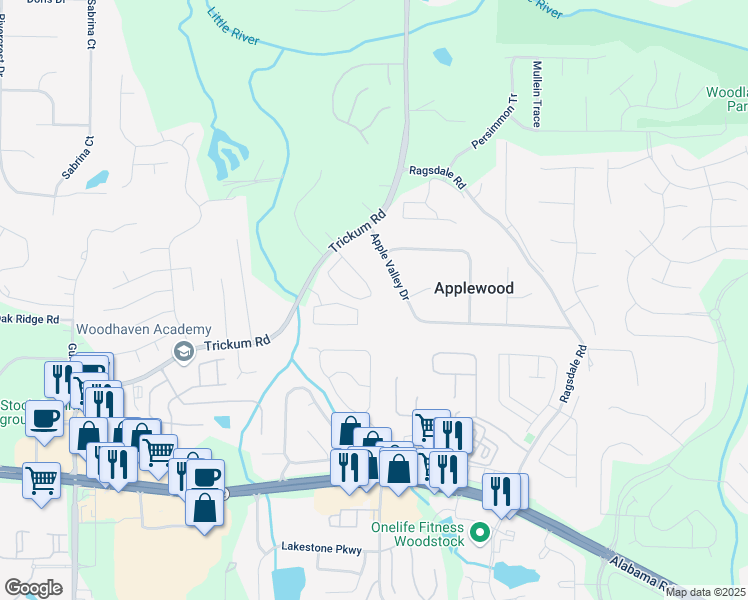 map of restaurants, bars, coffee shops, grocery stores, and more near 253 Regent Square in Woodstock