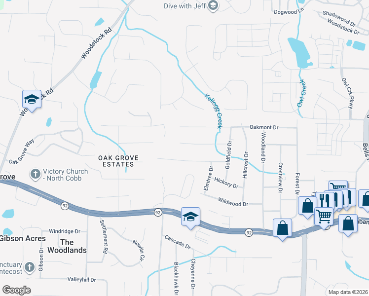 map of restaurants, bars, coffee shops, grocery stores, and more near 1609 Deerwood Lane in Acworth