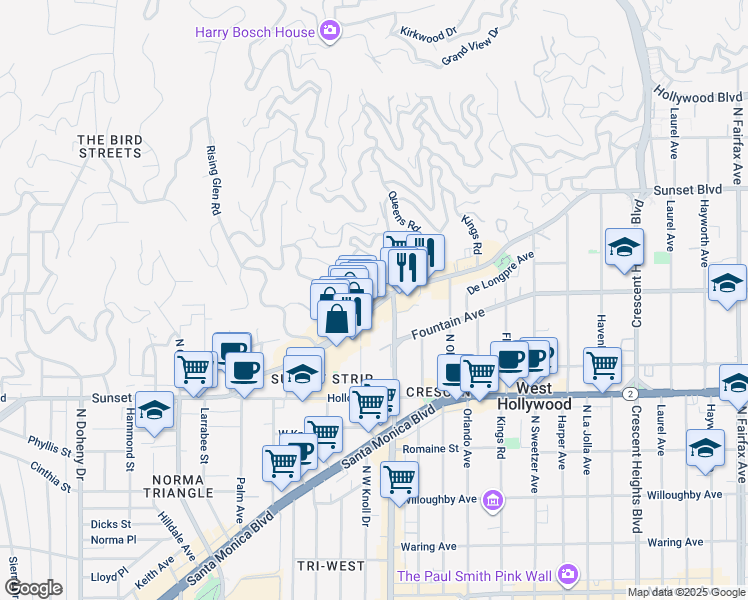 map of restaurants, bars, coffee shops, grocery stores, and more near 8534 Sunset Boulevard in West Hollywood