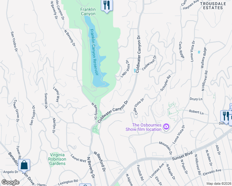 map of restaurants, bars, coffee shops, grocery stores, and more near 1177 Loma Linda Drive in Beverly Hills