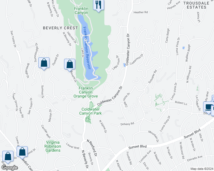 map of restaurants, bars, coffee shops, grocery stores, and more near 1177 Loma Linda Drive in Beverly Hills
