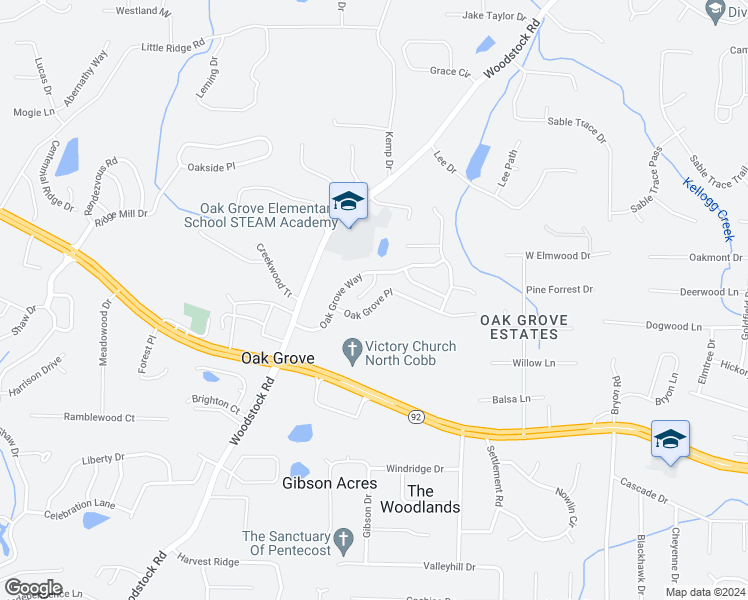 map of restaurants, bars, coffee shops, grocery stores, and more near 121 Oak Grove Place in Acworth