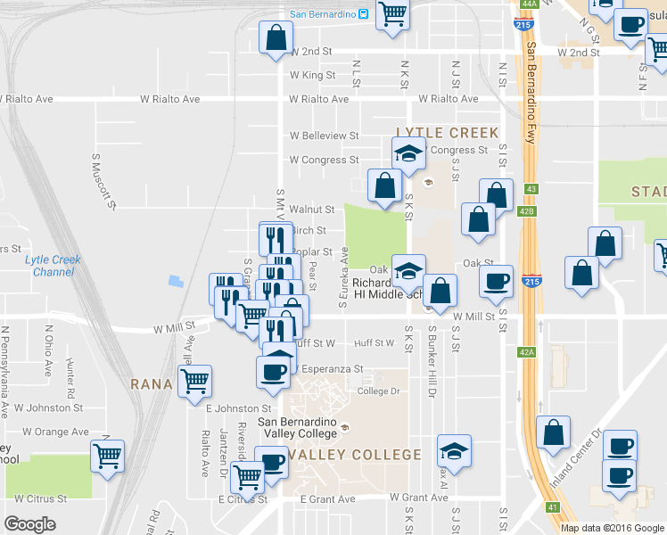 map of restaurants, bars, coffee shops, grocery stores, and more near 431 Pear Street in San Bernardino