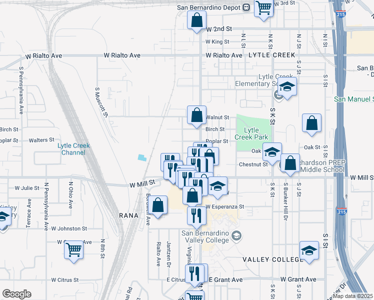 map of restaurants, bars, coffee shops, grocery stores, and more near 1335 Oak Street in San Bernardino