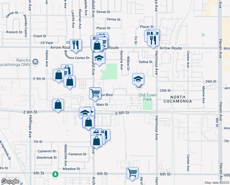 map of restaurants, bars, coffee shops, grocery stores, and more near 8815 Reid Avenue in Rancho Cucamonga