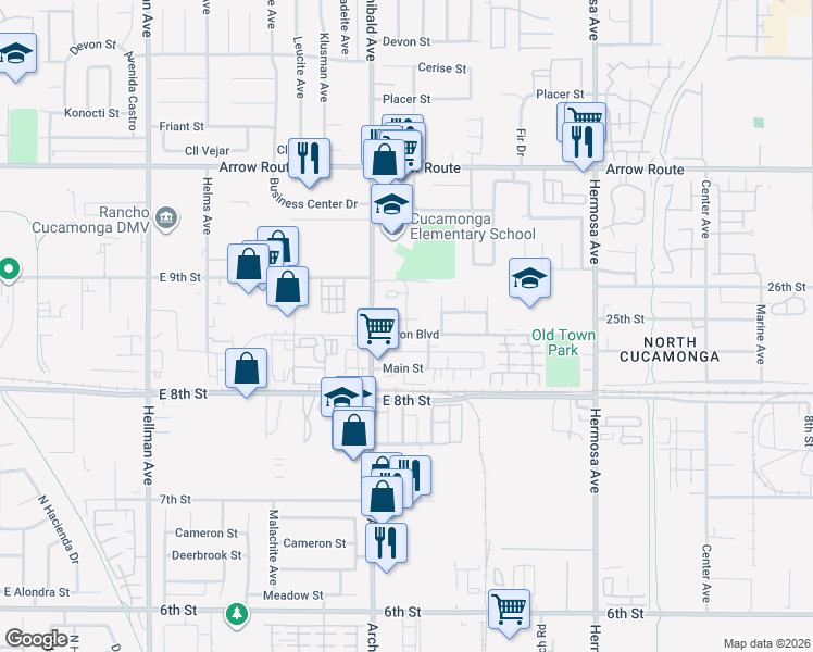 map of restaurants, bars, coffee shops, grocery stores, and more near 9747 Feron Boulevard in Rancho Cucamonga
