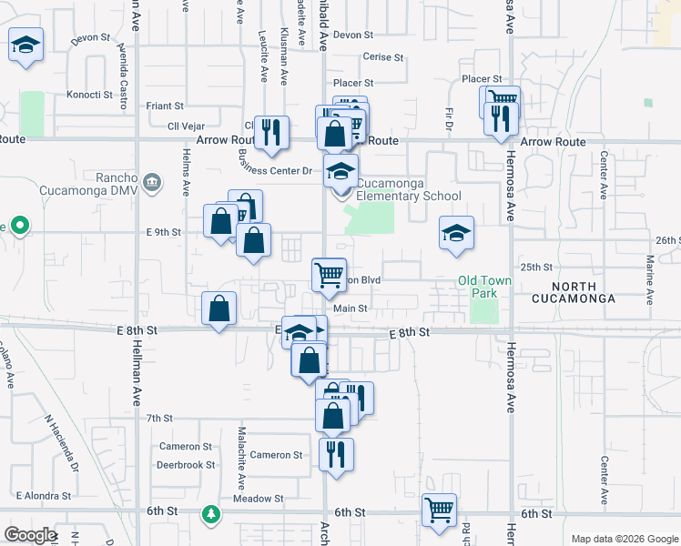 map of restaurants, bars, coffee shops, grocery stores, and more near 9747 Feron Boulevard in Rancho Cucamonga