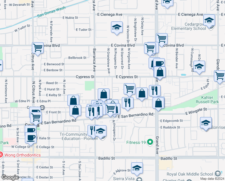 map of restaurants, bars, coffee shops, grocery stores, and more near 733 North Grandview Avenue in Covina